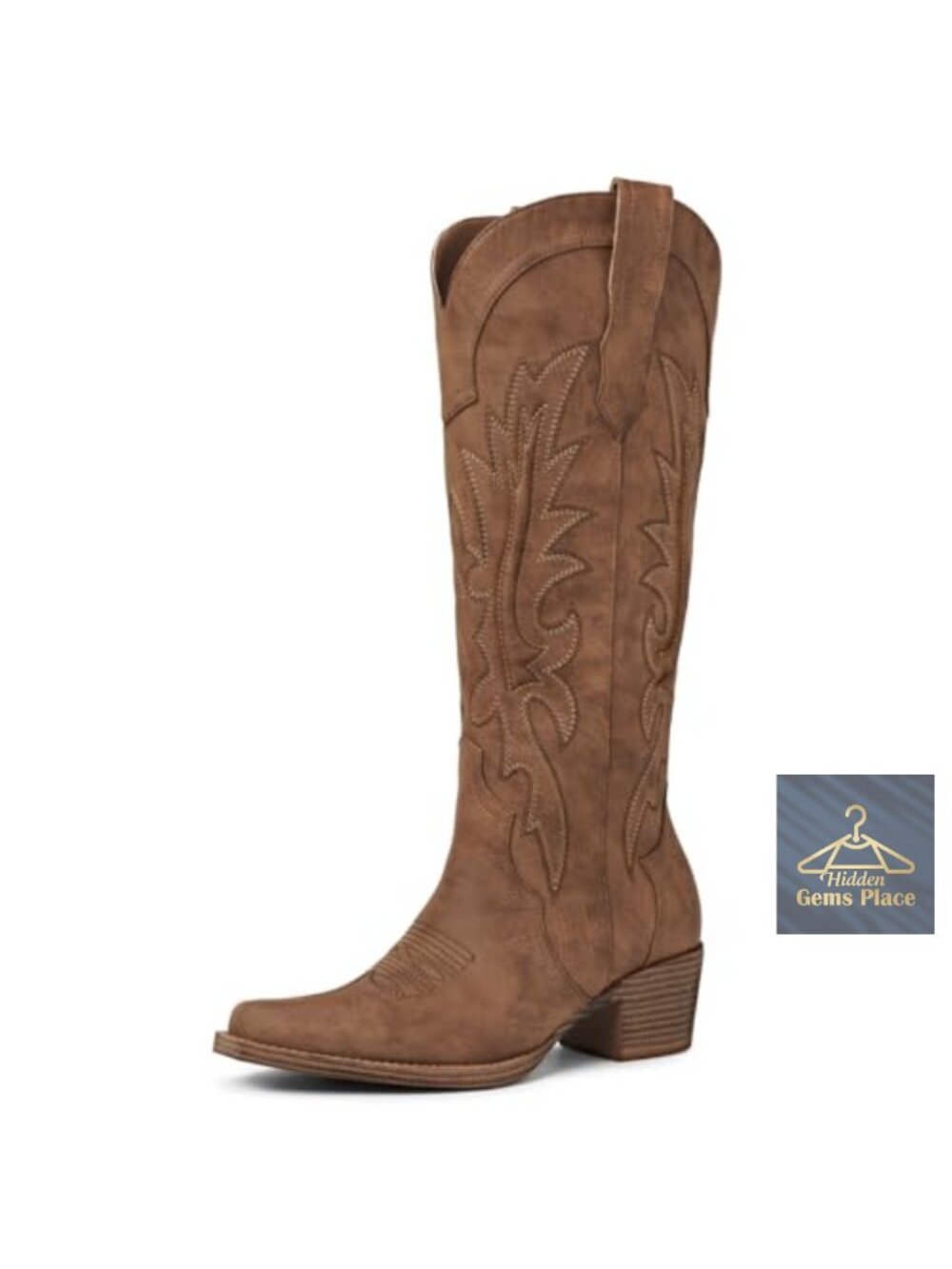 Knee High Cowgirl Boots Women Pointed Toe Western Chunky Heel Faux Leather Fall